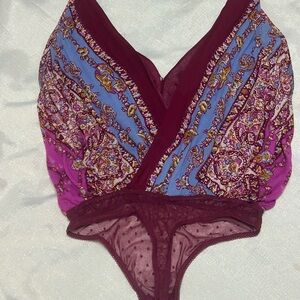 Free People Paisley Wrap Bodysuit in Burgundy, Purple & Blue